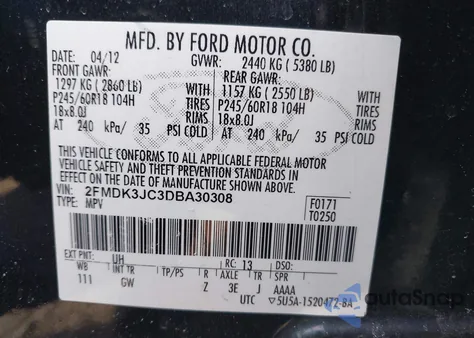 2013 Ford Edge Sel из США, поврежденный, VIN 2FMDK3JC3DBA30308